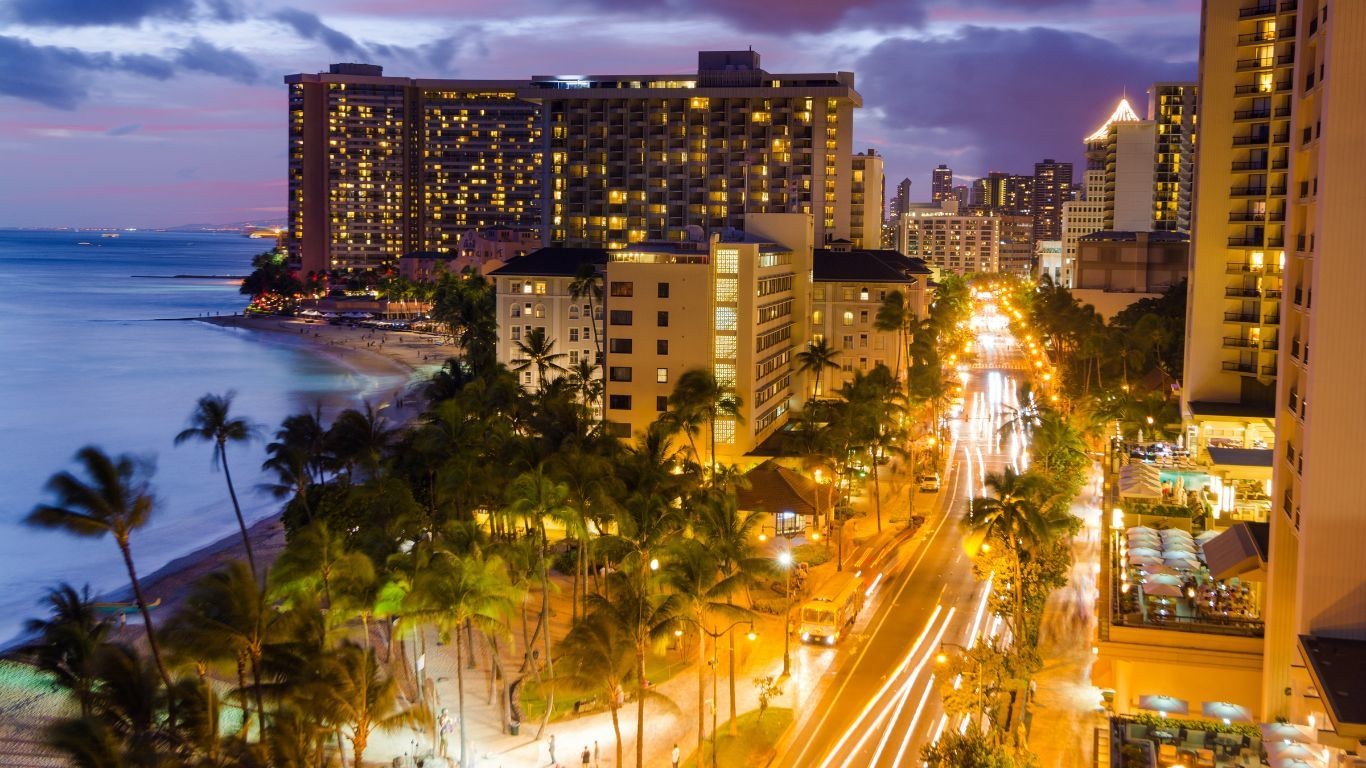 US Honolulu Oahu Wakiki Beach Kalakaua Ave at night