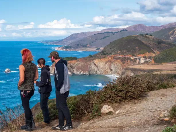 US California Big Sur rugged coast view with people
