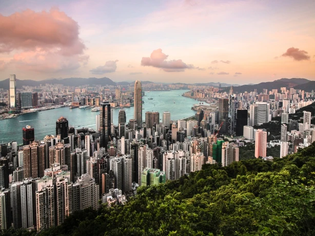 View from above of the skyscrapers and the river of Hong Kong