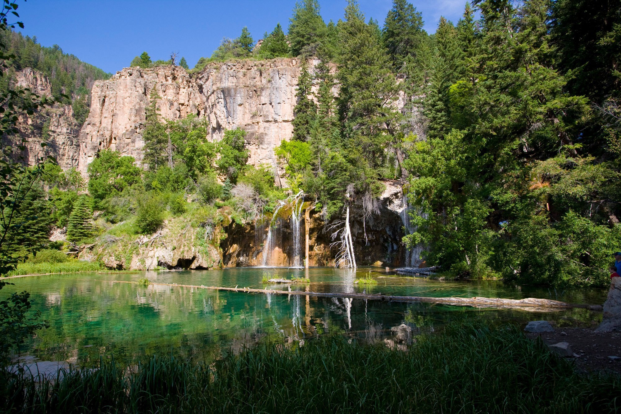 Hanging Lake bei Glenwood Springs in Colorado mit türkisfarbenem Wasser, kleinen Wasserfällen und steilen Felswänden, umgeben von dichtem Wald.