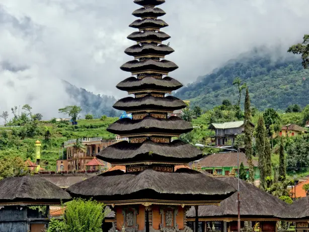 Traditional building with mountain in the background in Bali