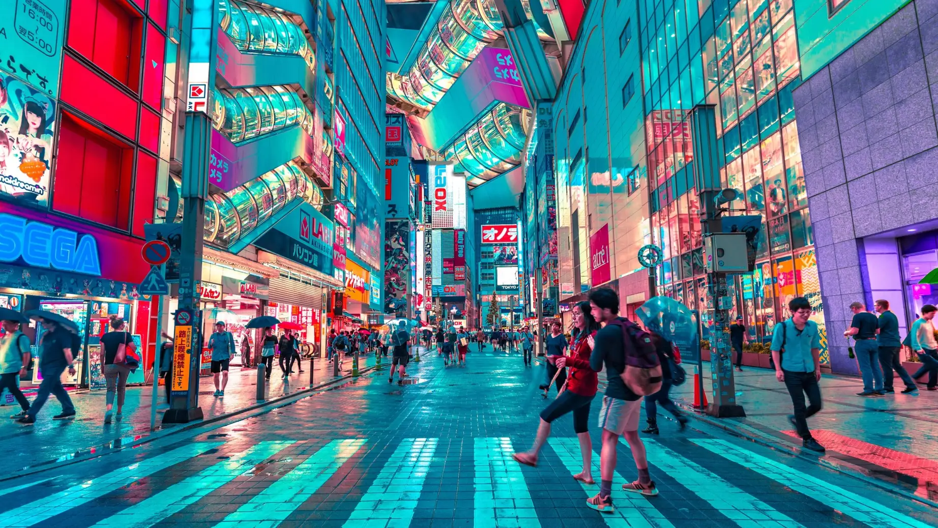 Busy streets of Japan with bright neon lights