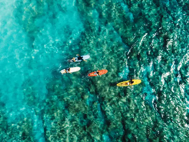 Four people surfing in turquoise seas off Waikiki Beach in Hawaii, USA