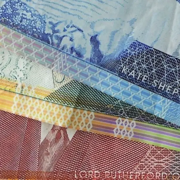 Eine Nahaufnahme von drei Neuseeland-Dollar-Banknoten