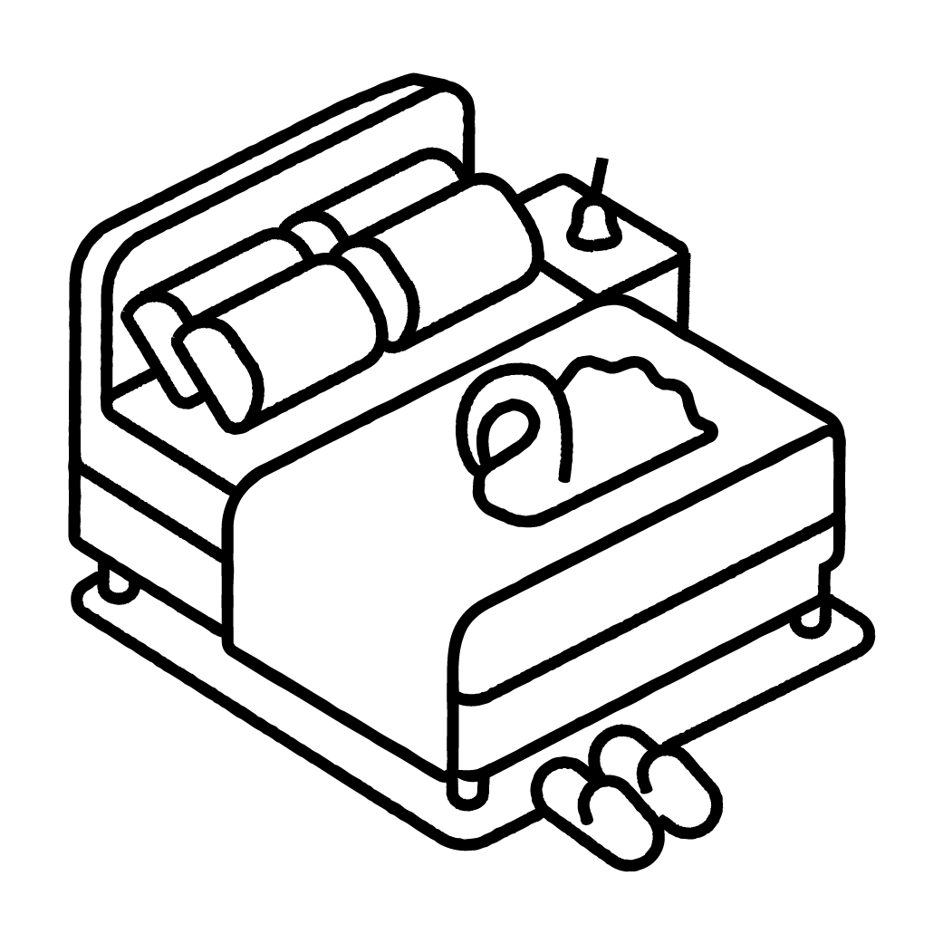 Illustration eines Doppelbetts mit einem Schwanentuch und einem Nachttisch mit einer Glocke
