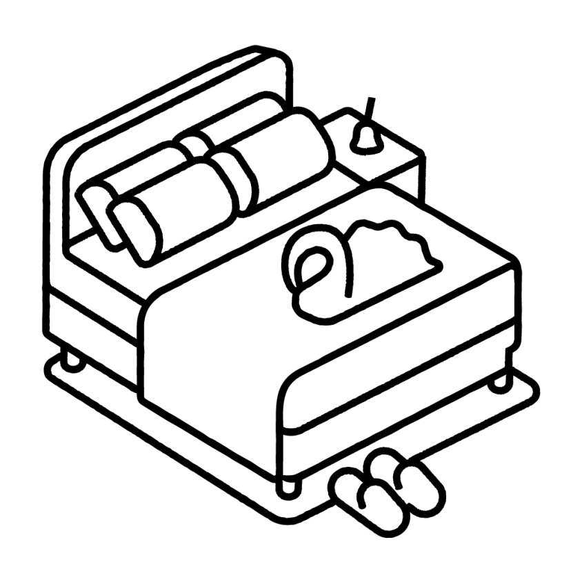 Illustration eines Doppelbetts mit einem Schwanentuch und einem Nachttisch mit einer Glocke