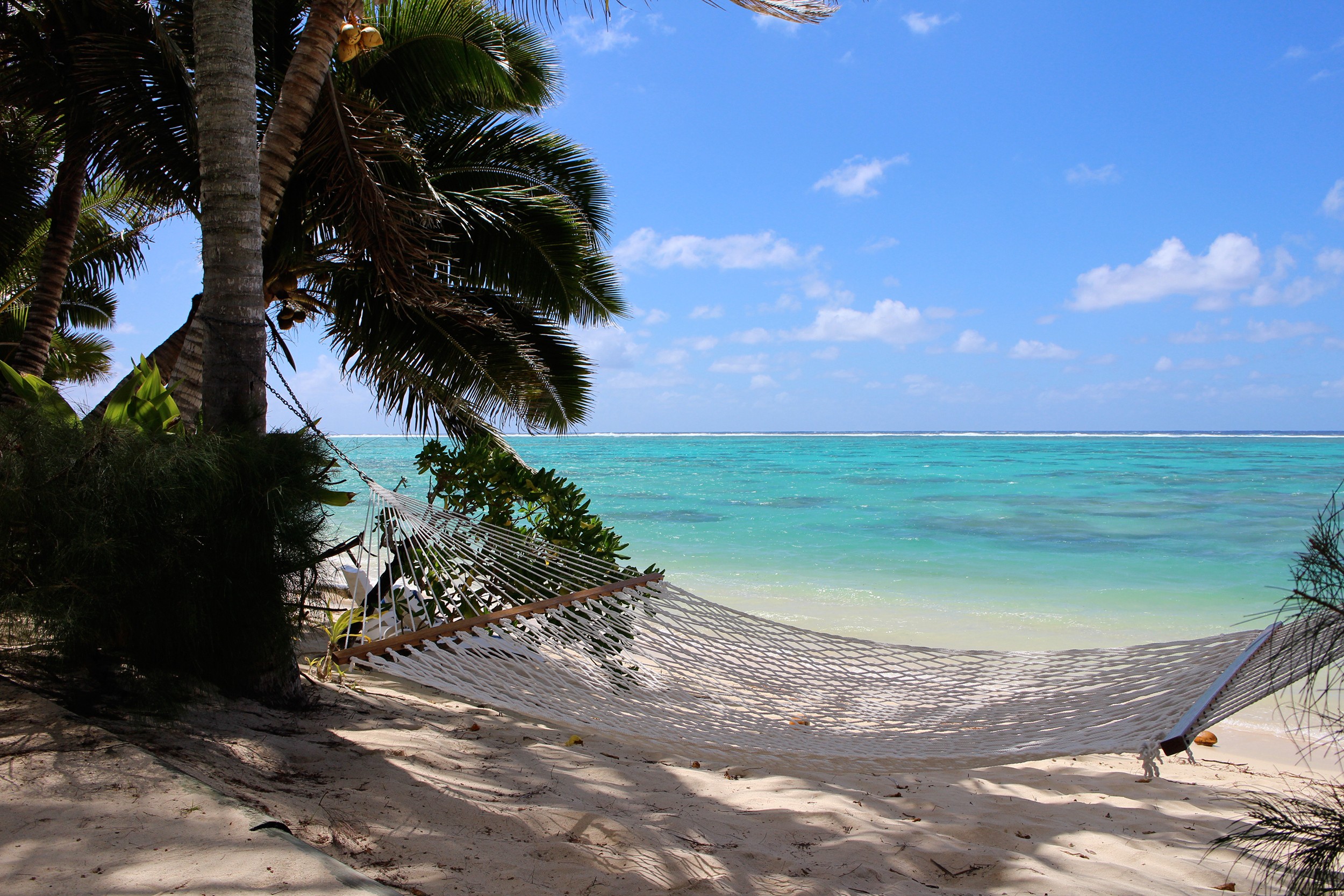 A hammock on the beach with the ocean in the background, Cook Islands