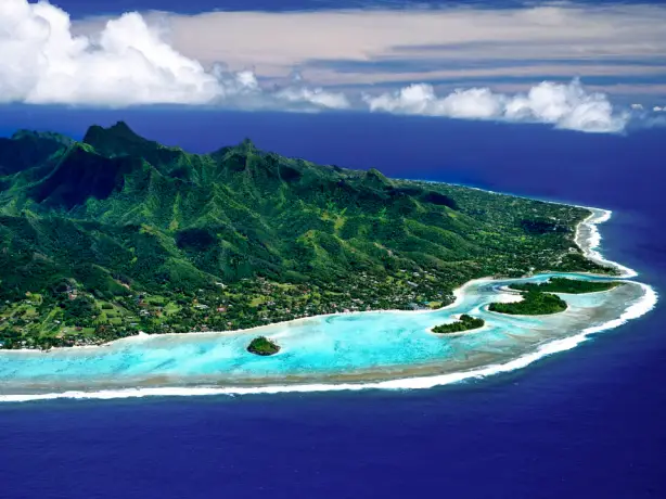 Aerial view of Cook Islands beaches and mountains
