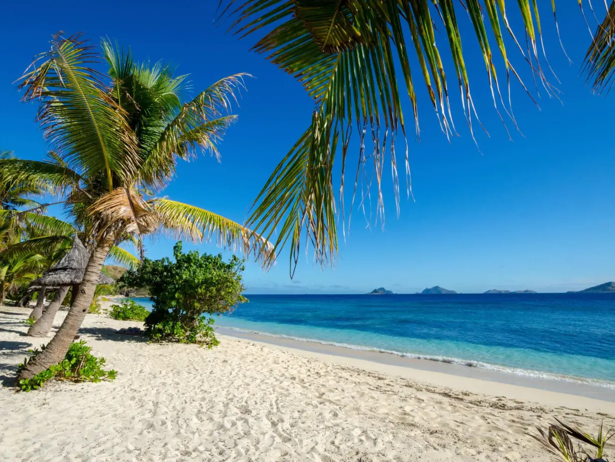 Ein weißer Sandstrand und blaues Meer mit Palmen vor einem blauen Himmel auf den Mamanuca-Inseln in Fidschi