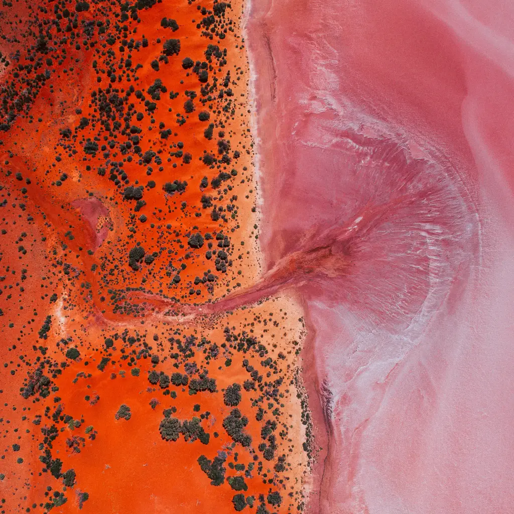 An aerial view of the pink Lake Ballard near Menzies in Kalgoorlie, Western Australia
