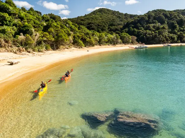 Kajakfahrer paddeln in Ufernähe im Abel Tasman National Park, Neuseeland