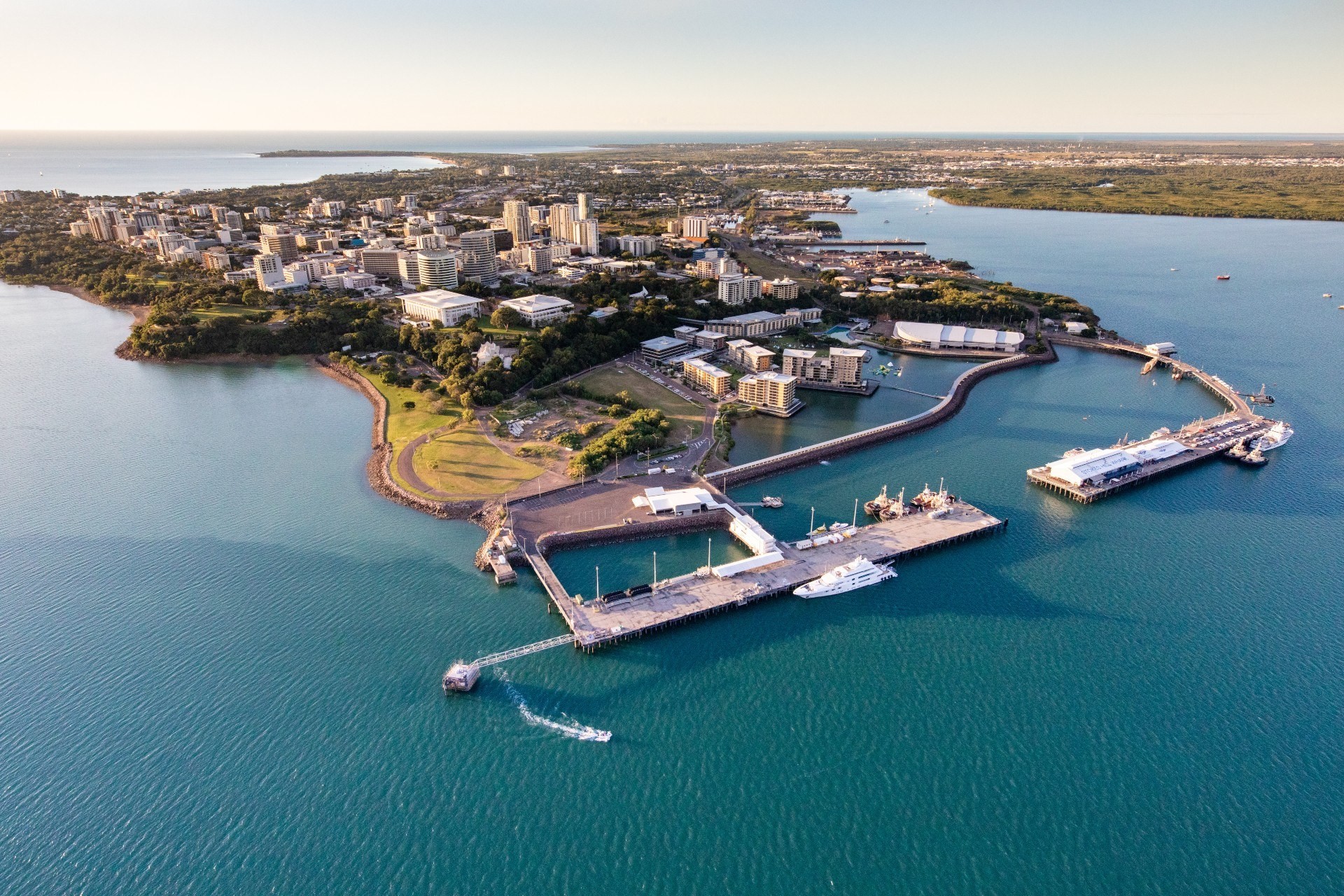 An aerial view of Darwin and its small harbour (Credit: Liam Neal)