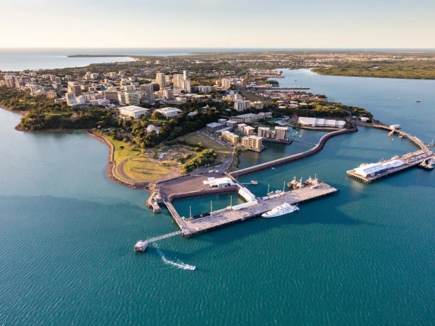 An aerial view of Darwin and its small harbour (Credit: Liam Neal)
