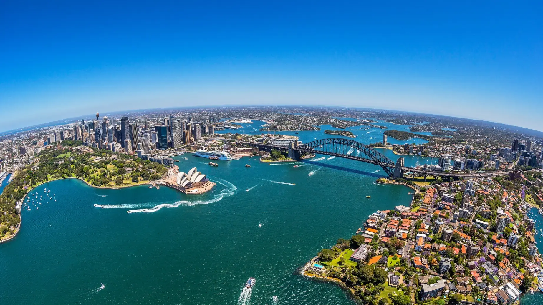 Aerial view of Sydney Opera House and Sydney Harbour Bridge