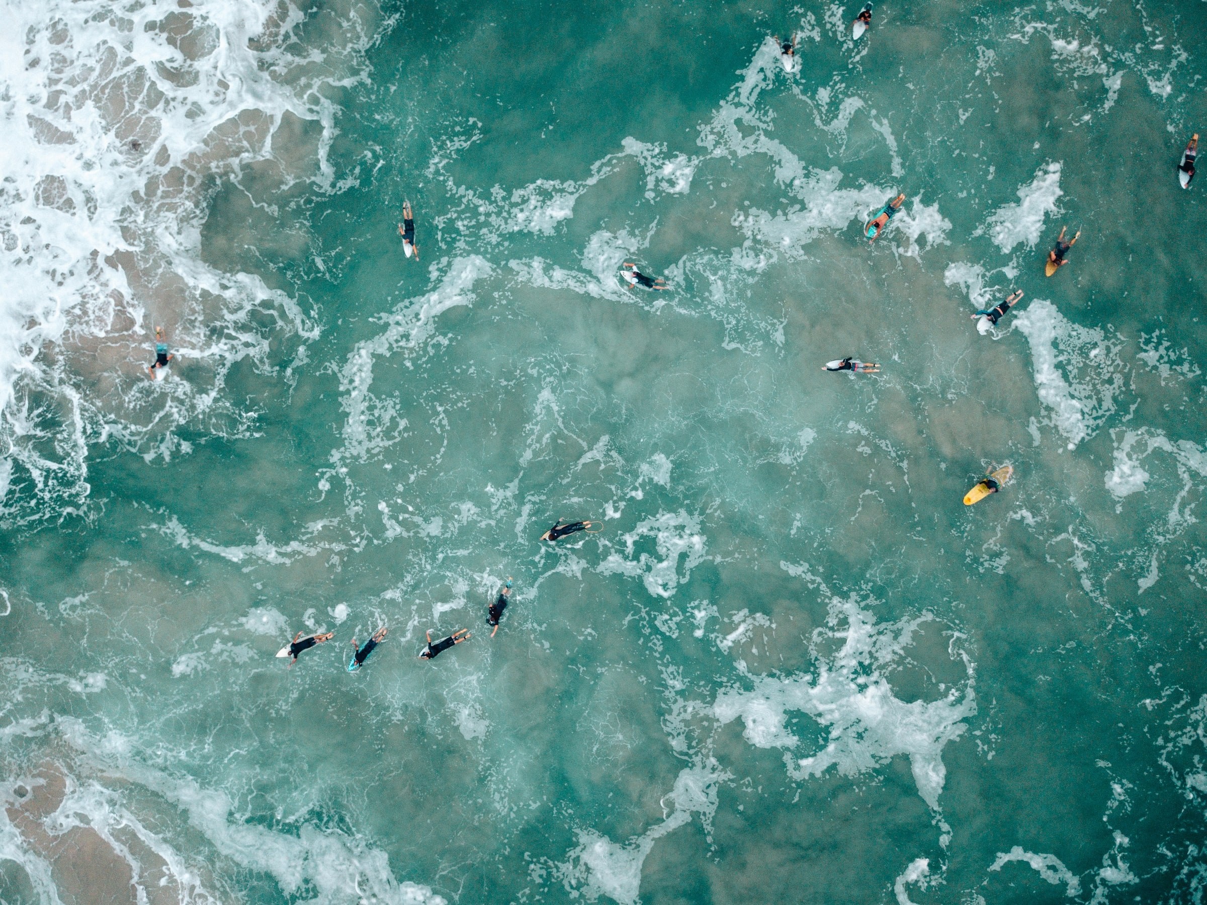 A group of surfers wait for a wave in the ocean in Queensland, Australia