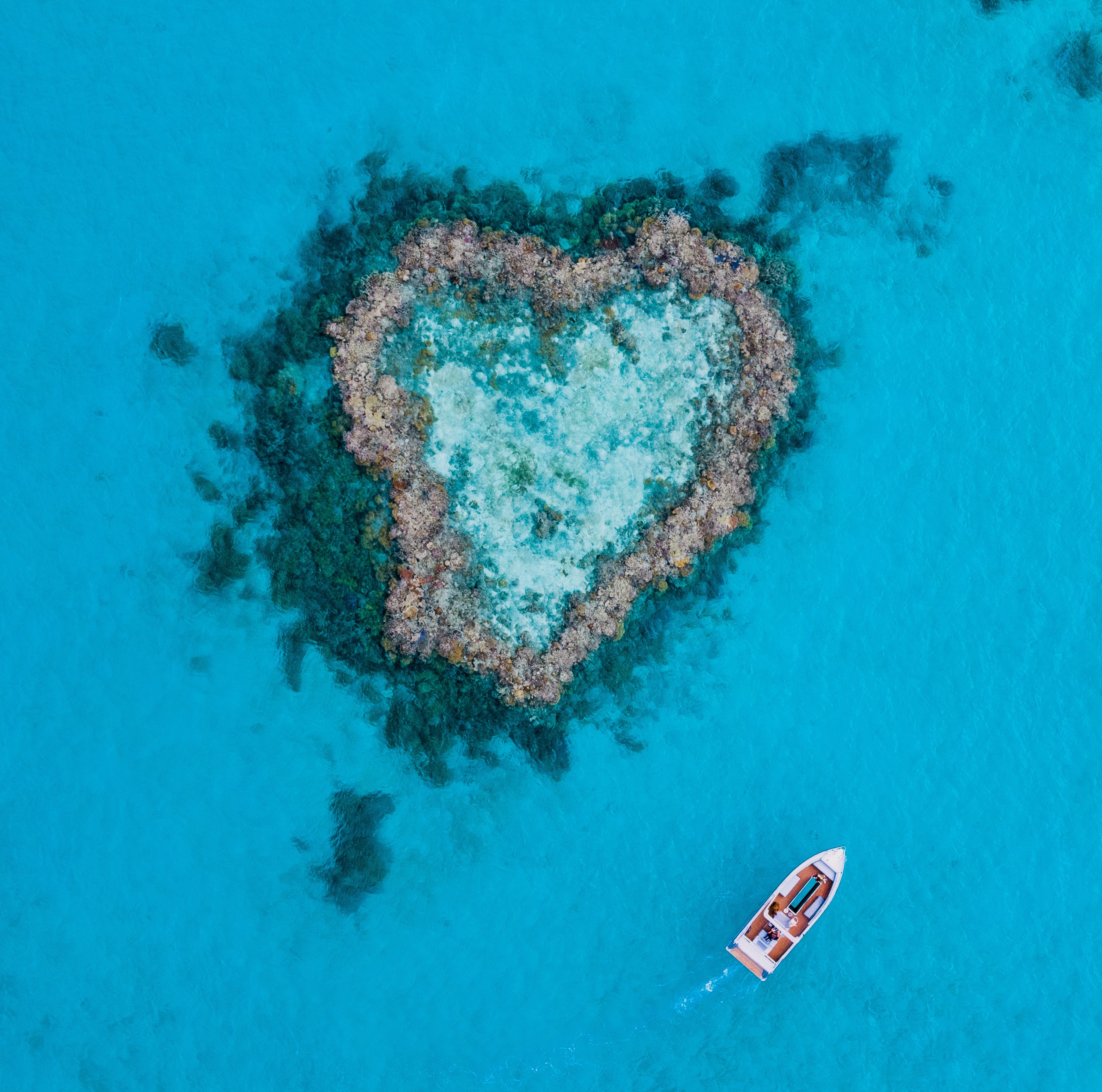Luftaufnahme vom Heart Reef mit Boot am Great Barrier Reef