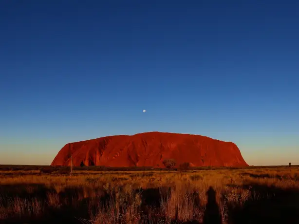 Der Uluru leuchtet in einem tiefen Rot gegen den dunkelblauen Abendhimmel, über dem ein kleiner Vollmond steht.
