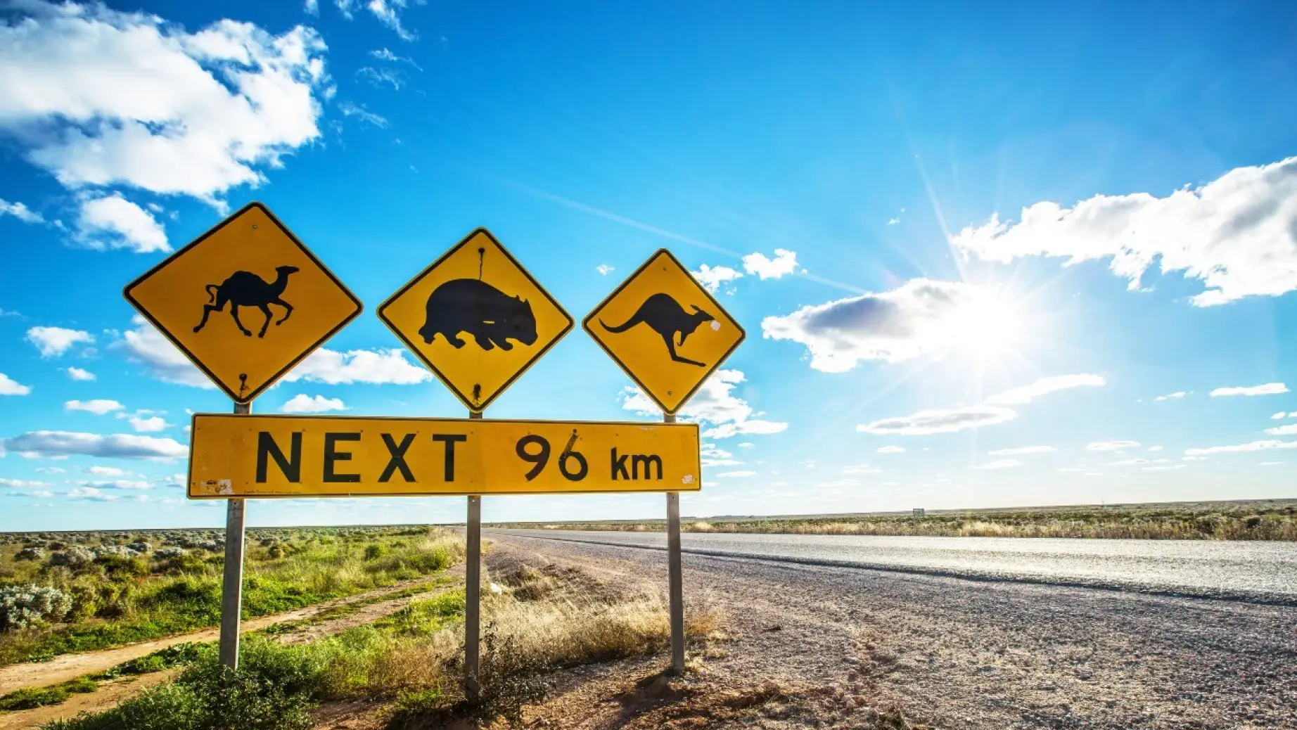Road signs giving warning to be aware of potential animal crossings in the Outback, Australia