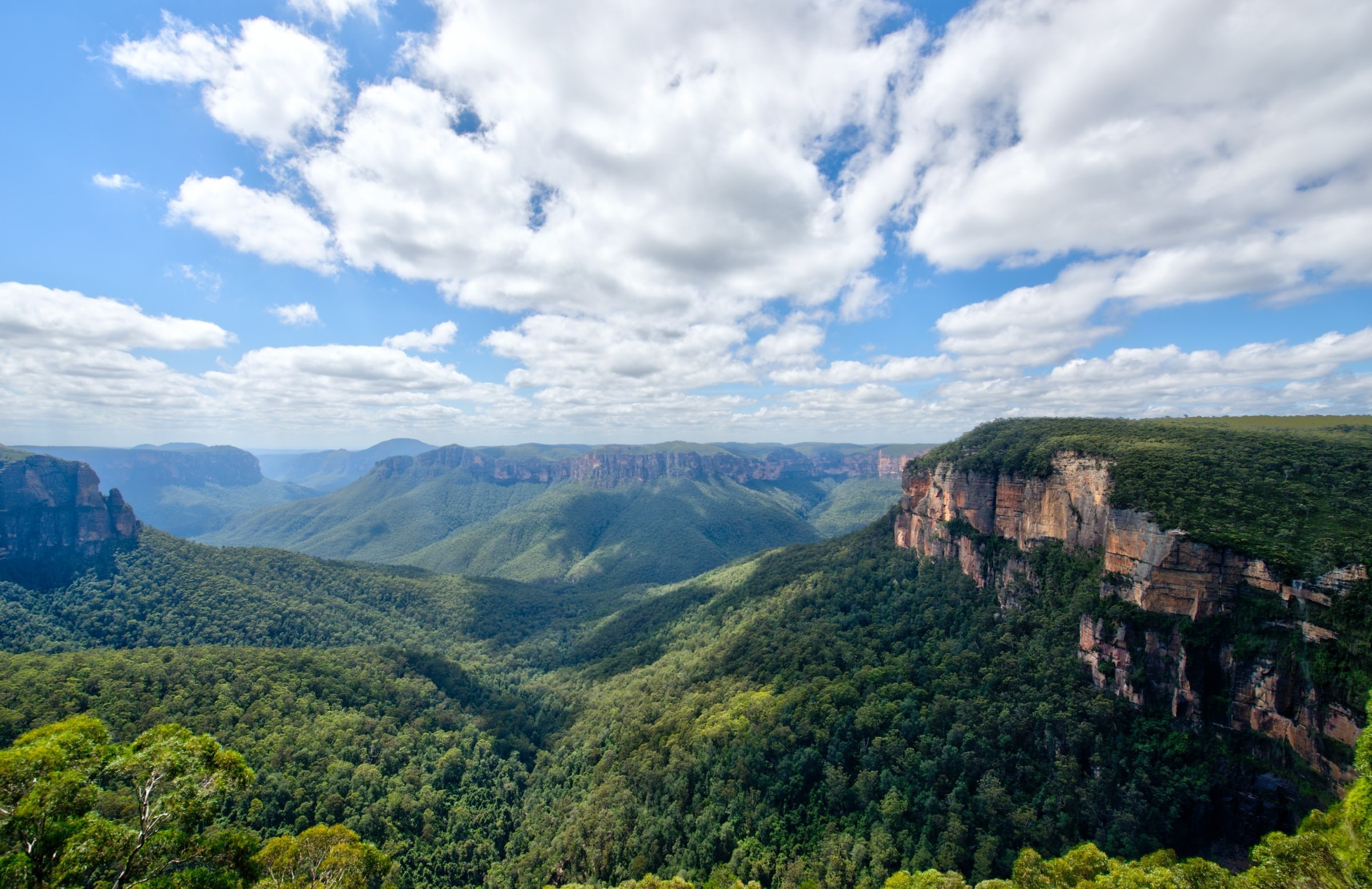 Eine Landschaftsansicht der Blue Mountains in New South Wales, Australien, mit üppig grünen Bäumen und blauem/bewölktem Himmel.
