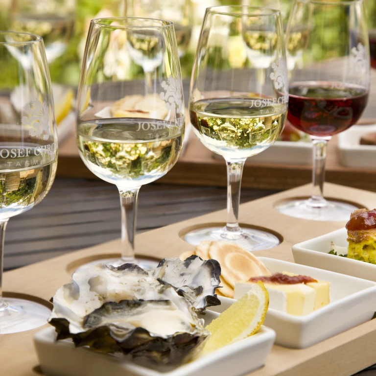 Wine tasting, a selection of four wines and four matching appetisers at Josef Chromy Wines in Launceston, Australia
