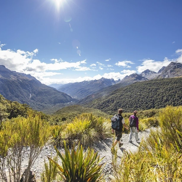 Nieuw-Zeeland, Zuidereiland - vrienden wandelen over de Routeburn Track in Fiordland
