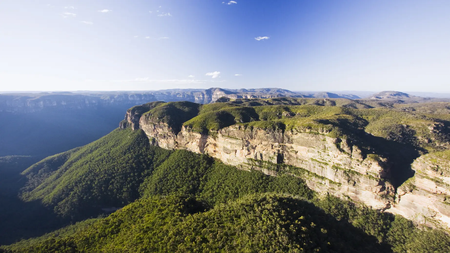 Grün bewachsener Felsrücken der Blue Mountains in Australien