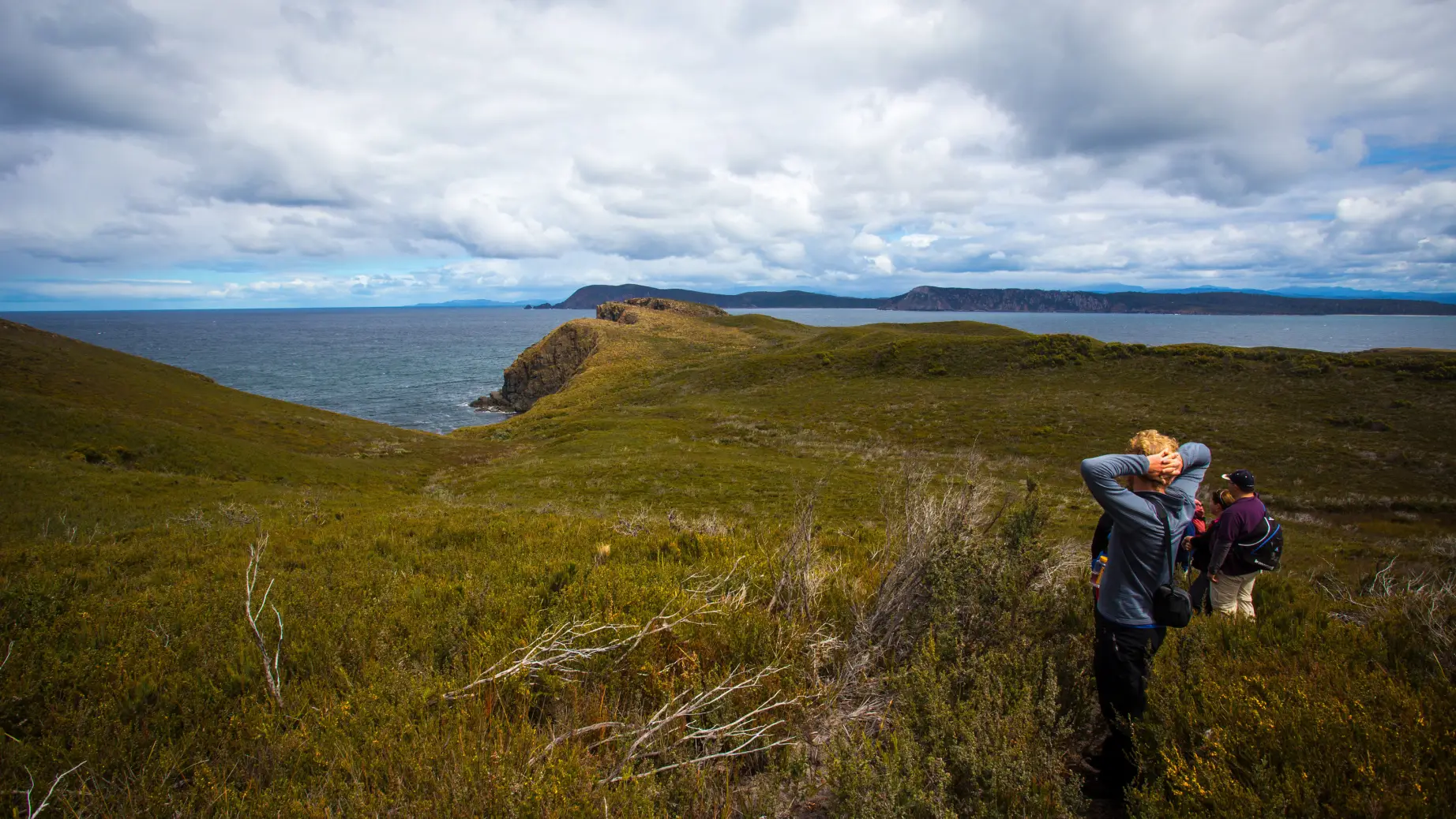 Eine Gruppe von Menschen, die von einem Aussichtspunkt auf Bruny Island in Australien auf den Ozean hinausschauen