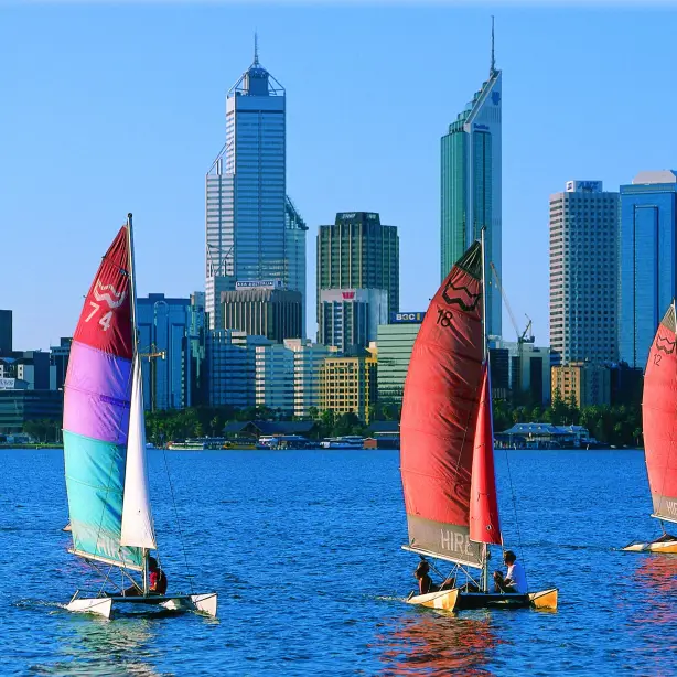 Catamarans met kleurrijke zeilen glijden langs de skyline van de stad in Western Australia, Perth