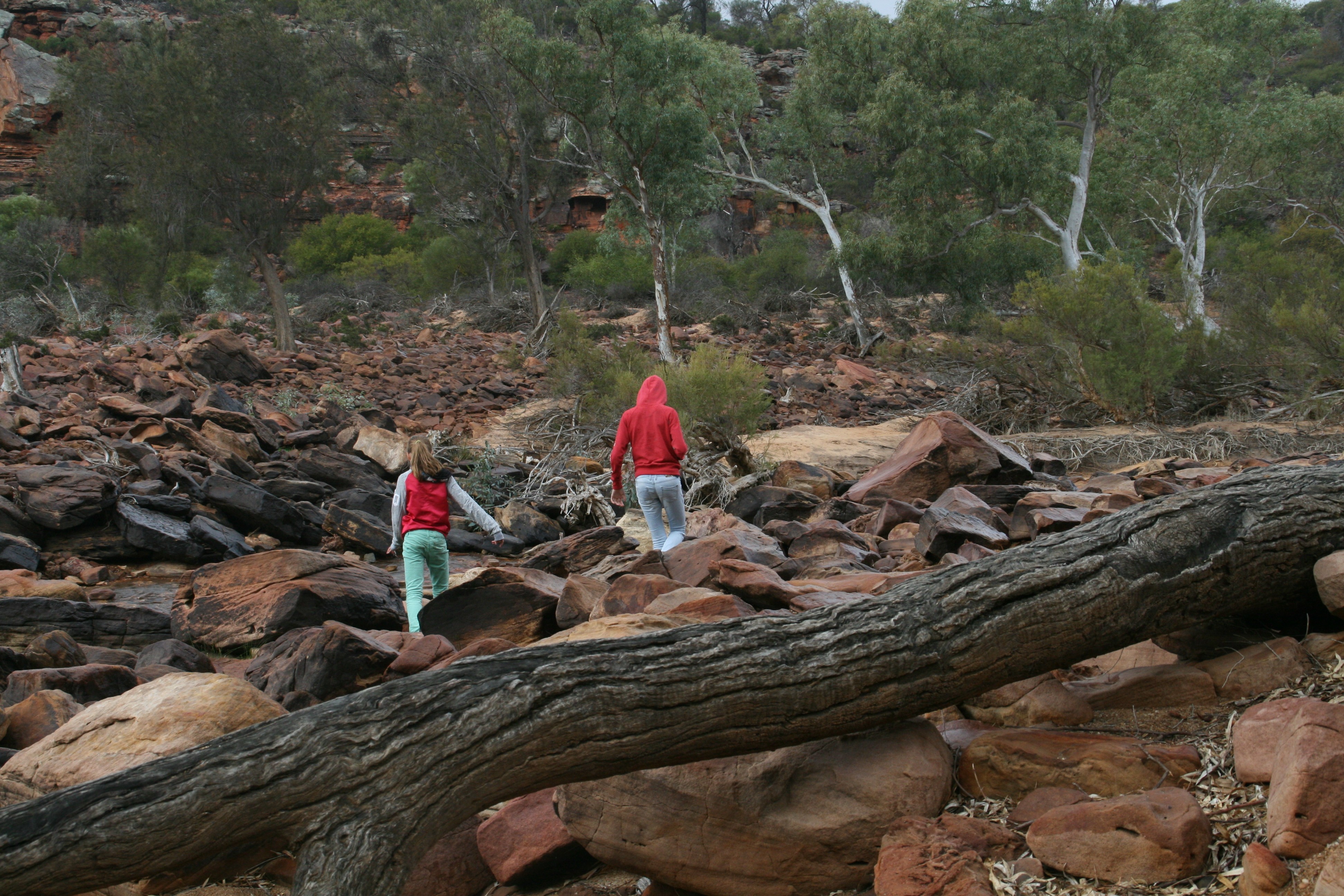 AUS WA kids walking on red rocks Kalbarri