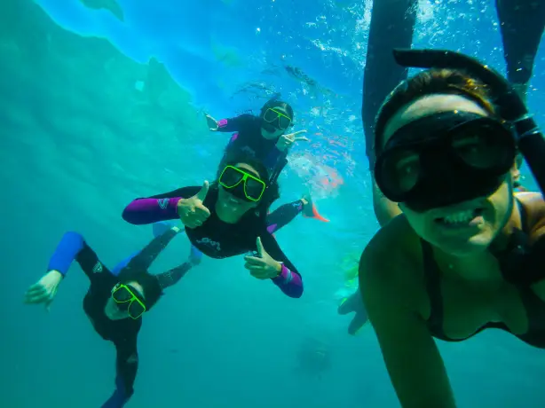 Eine Gruppe von Menschen schnorchelt und macht ein Selfie unter Wasser