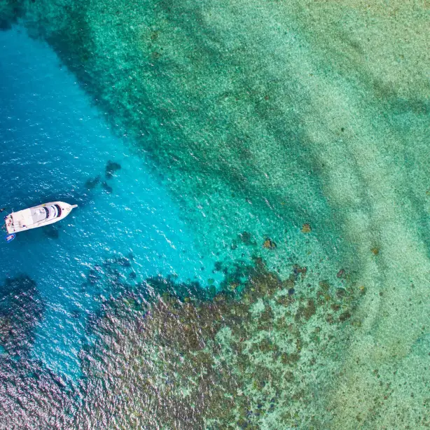 Weißes Boot bei Mission Beach in blau- und grünfarbenem Wasser