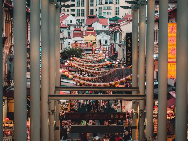 Over view of a busy market in chinatown, Singapore