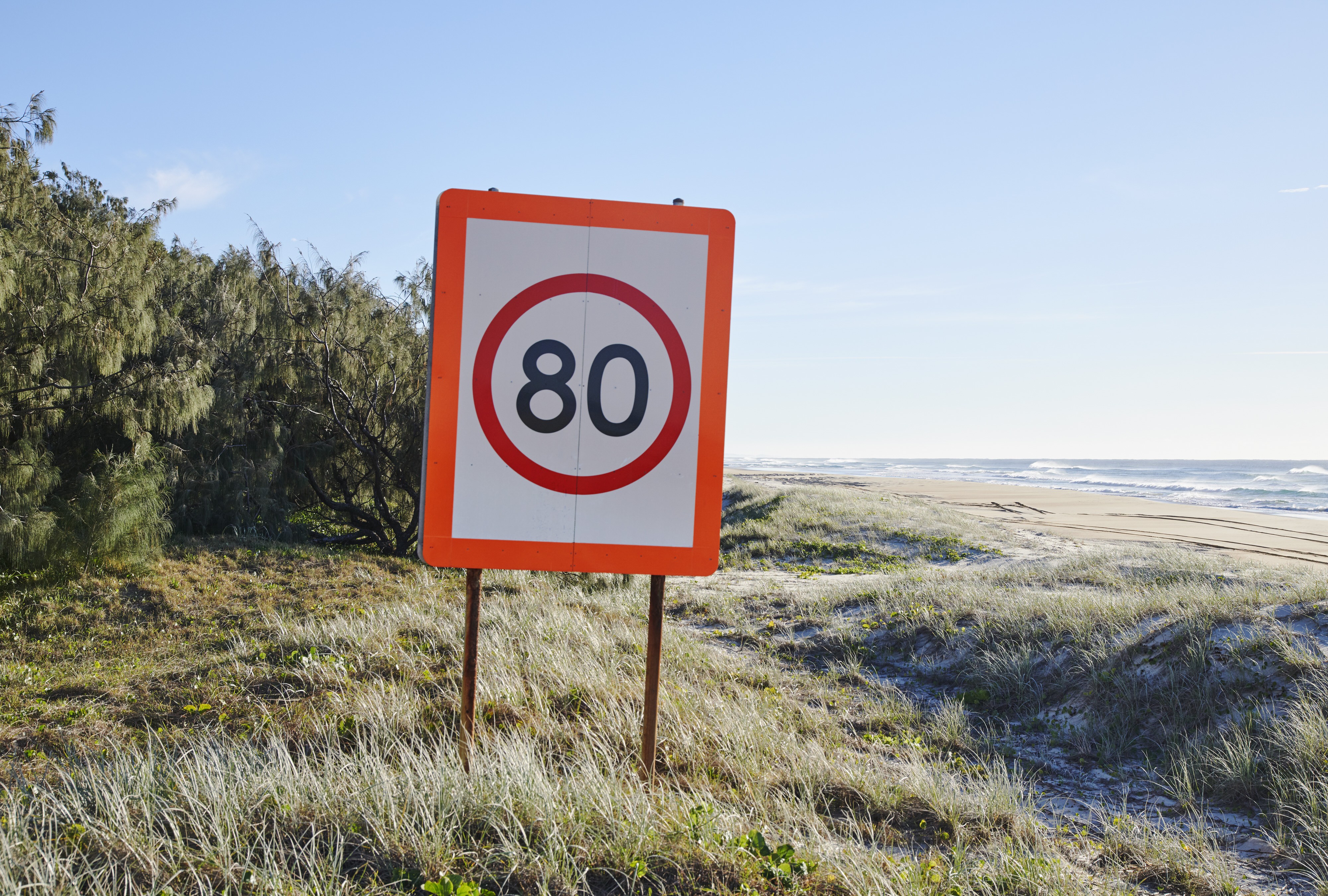 Verkeersbord met maximumsnelheid 80 km/u bij duinen en zee