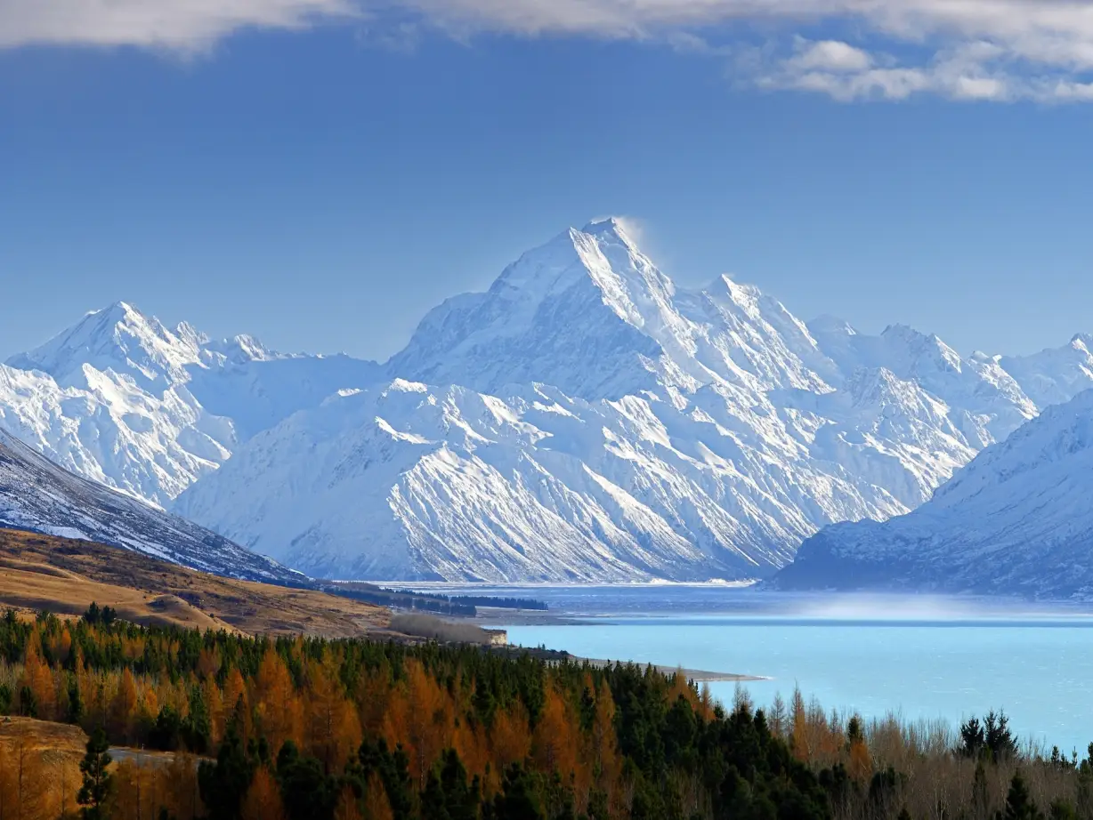 A blue lake and tree line with large snow-covered mountains in the background in Aoraki/Mount Cook National Park in Canterbury