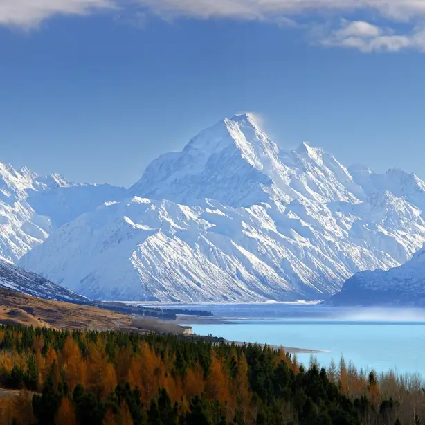 Een blauw meer en een boomgrens met grote besneeuwde bergen op de achtergrond in het Aoraki/Mount Cook National Park in Canterbury