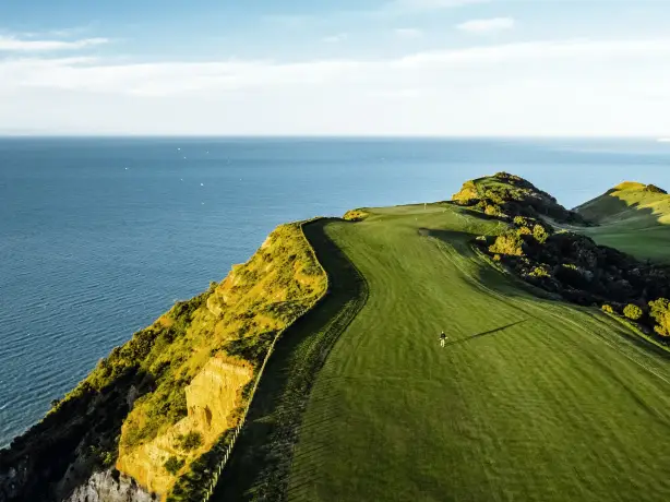 Aerial view of golf course and ocean in Hawkes Bay, New Zealand