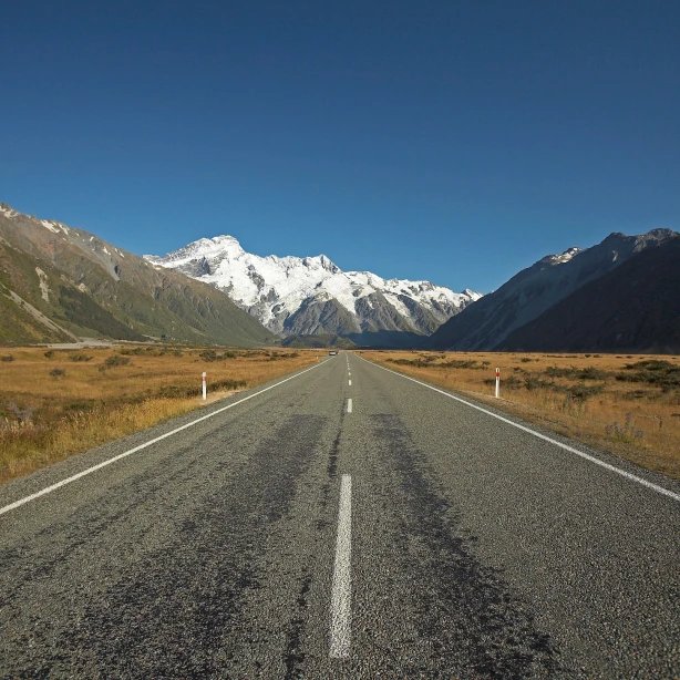Mount Cook Road omringd door velden en bergen in Nieuw-Zeeland
