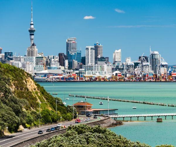 A view of Auckland in the distance on a clear day in New Zealand