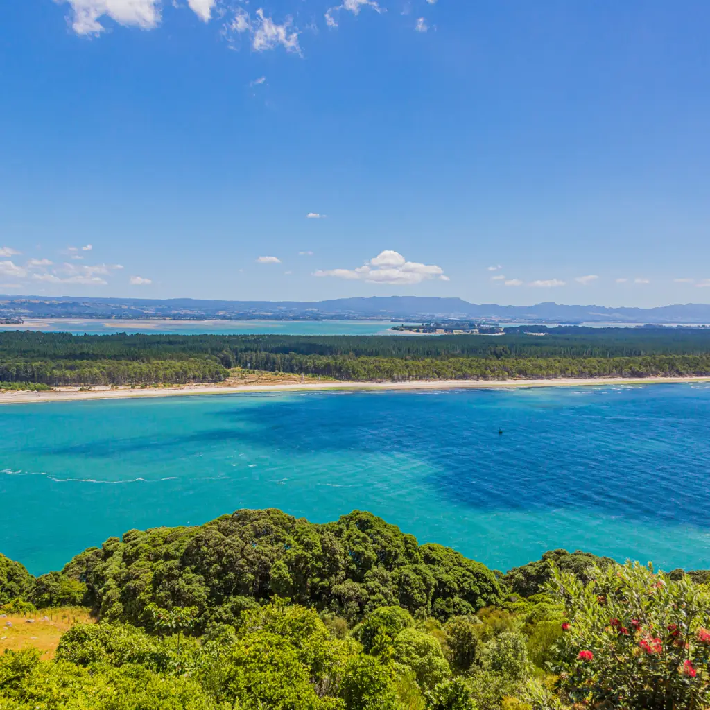 Uitzicht op de kusten van Nieuw-Zeeland, Noordereiland - Matakana Island in de Bay of Plenty