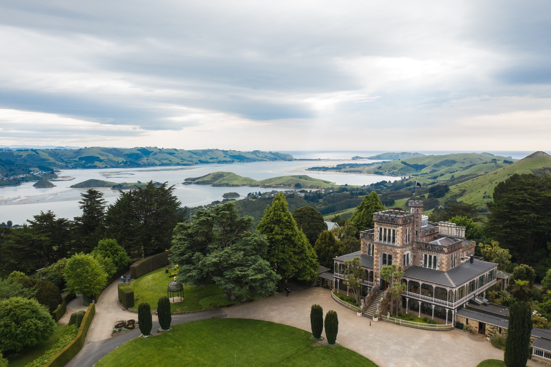 Nz south Larnach Castle Dunedin aerial view