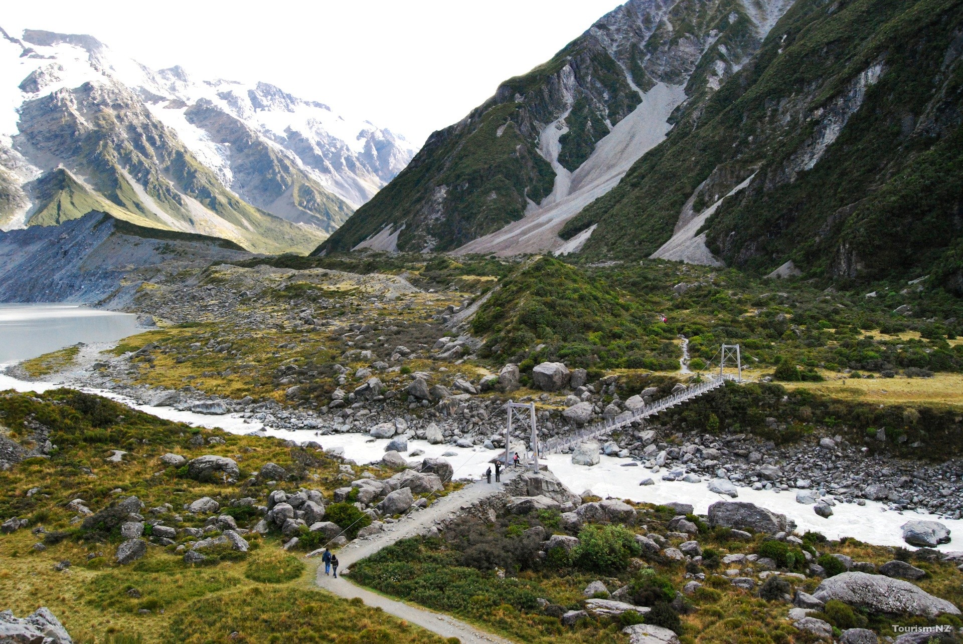 Brücke geht über Gebirgsfluss, schneebedeckte Berge im Hintergrund