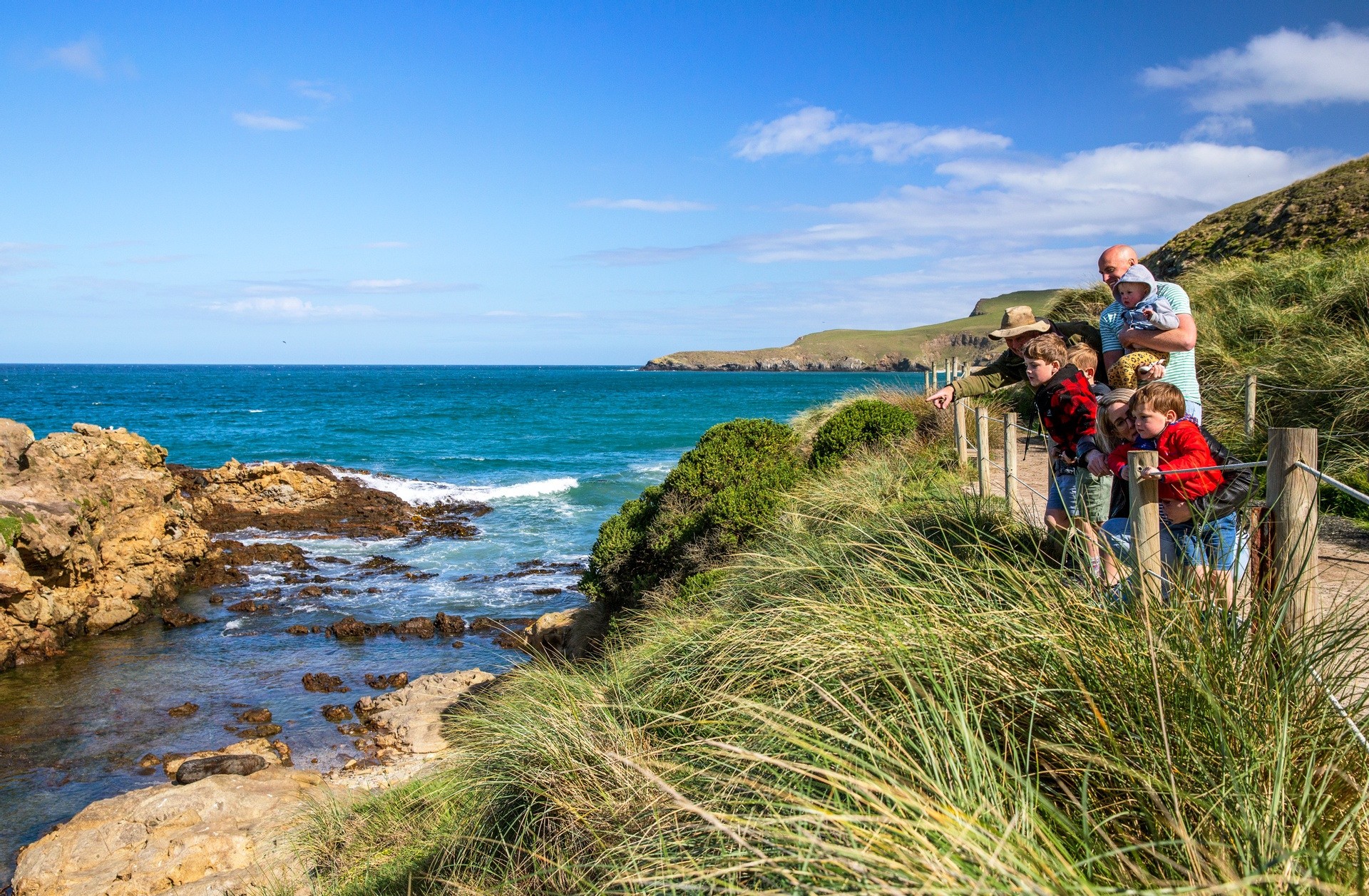 Familie op het strand in Zuid-Dunedin Nieuw-Zeeland