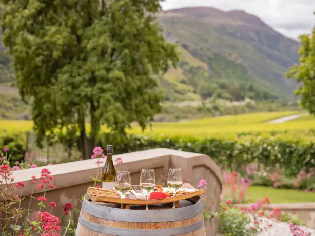 Wine glasses and charcuterie set on a wine barrel with green fields and hills beyond