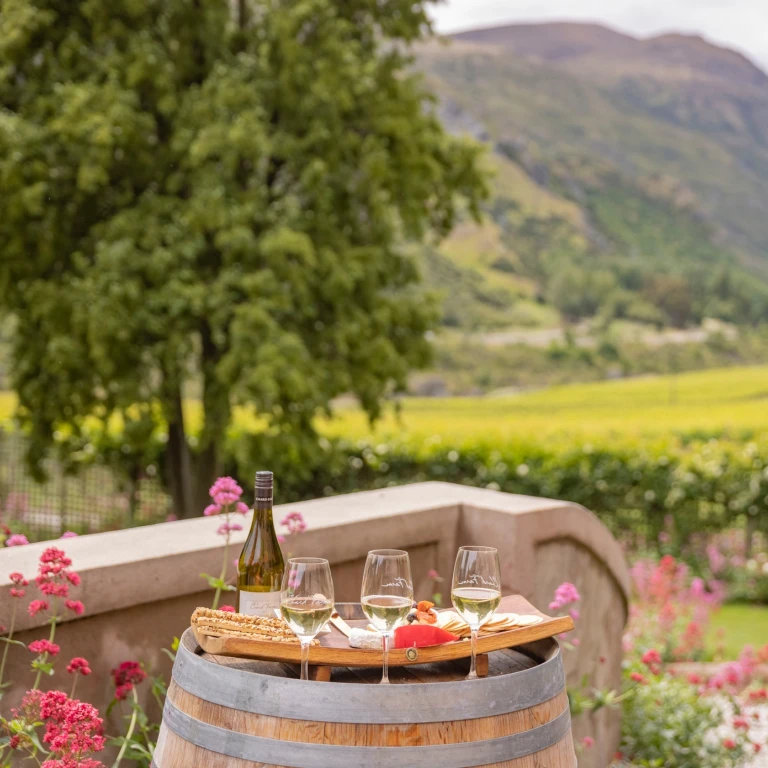 Wine glasses and charcuterie set on a wine barrel with green fields and hills beyond