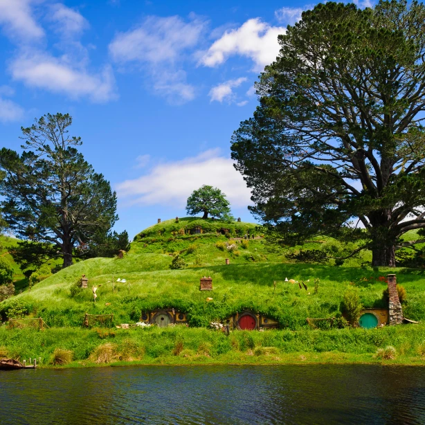 Hobbitholen op een heuvel in Hobbiton in Waikato, Nieuw-Zeeland