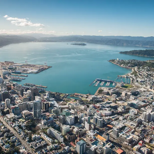 Neuseeland, Wellington - Blick aus einem Hubschrauberflug über die Stadt