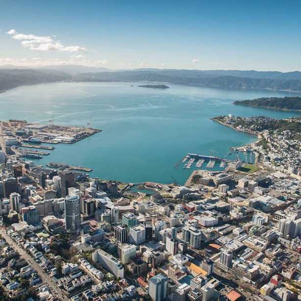 Nieuw-Zeeland, Wellington - uitzicht vanuit een helikoptervlucht over de stad