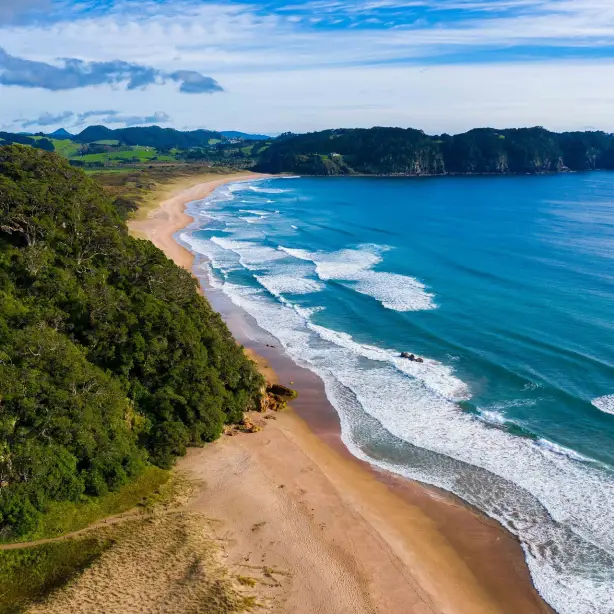 Luftaufnahme von Hot Water Beach mit Meer und grüner hügeliger Landschaft