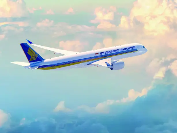 Ein Flugzeug von Singapore Airlines in der Luft