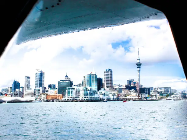 Auckland skyline from a seaplane in New Zealand